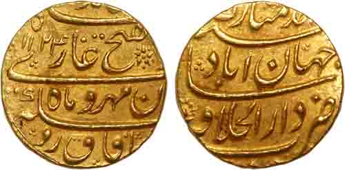 Jahander Shah, Gold Mohur, 10.92g, “Abul Fatah” couplet, Shahajahanabad Mint, AH 1124/ RY 