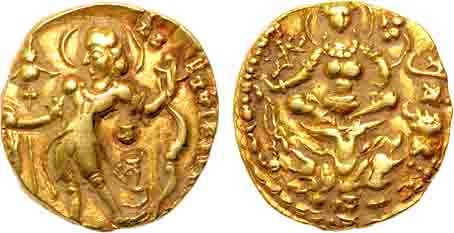Gupta, Samudra Gupta, Gold Dinar, 7.55g, “King and Queen” type, Obv: Nimbate king standing