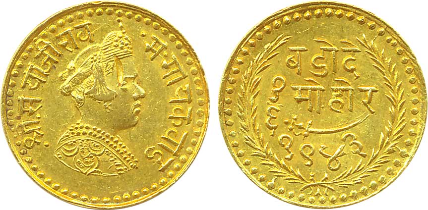Baroda, Sayaji Rao III, Gold, 1/6th Mohur, 1.15g, VS 1943, Obv: Crowned bust to right, Rev