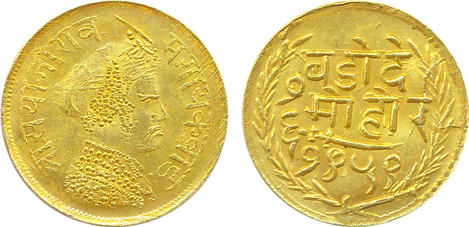 Baroda, Sayaji Rao III, Gold, 1/6th Mohur, 1.05g, VS 1959, Obv: Crowned bust to right, Rev