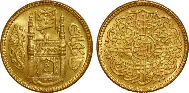 Hyderabad, Mir Usman Ali Khan, Gold Ashrafi,11.1g, AH 1333/ RY 4, Obv : Charminar gateway 