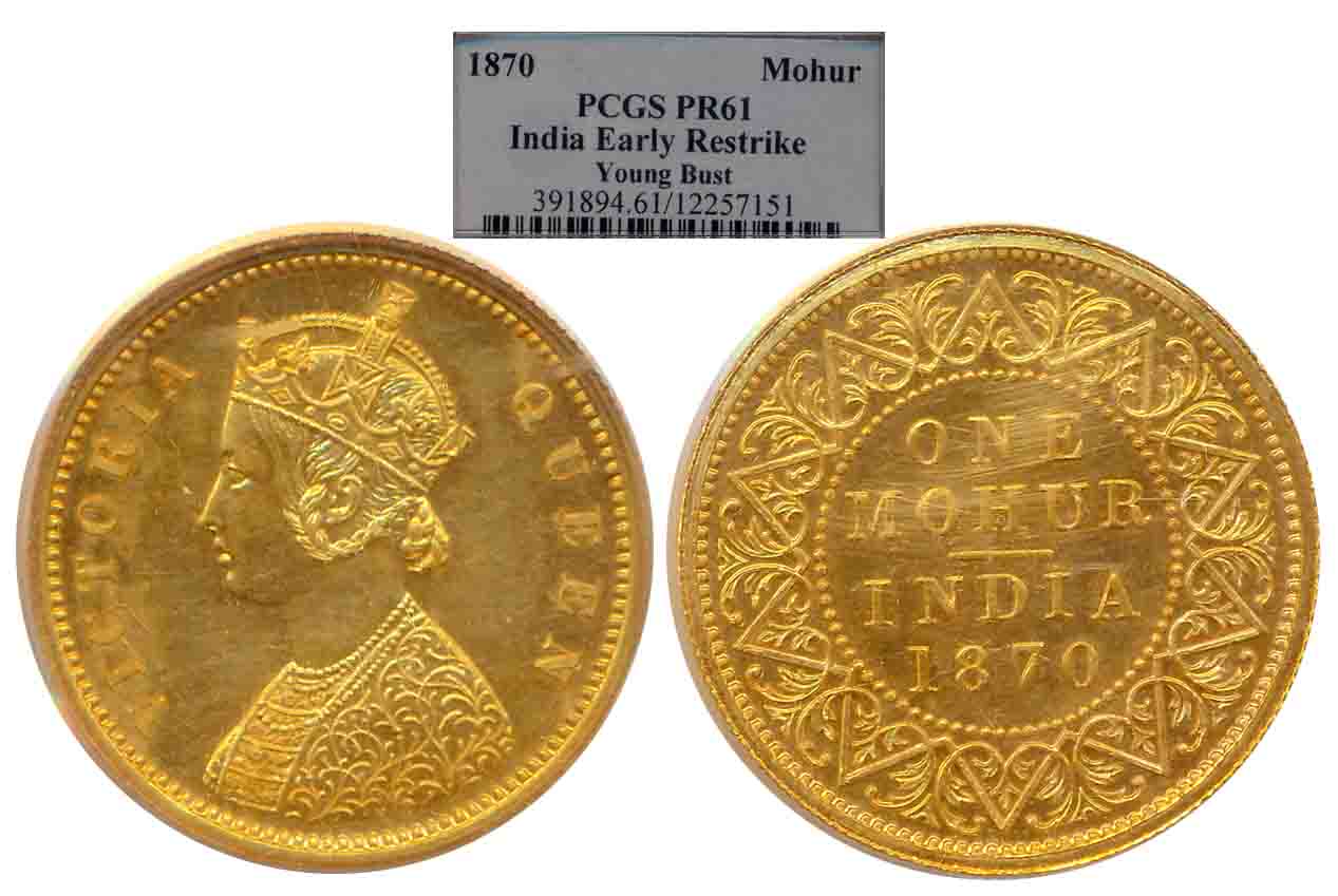 British India, Victoria Queen, Gold Mohur, Proof, 1870, Young Bust, Calcutta Mint, Obv: Wi