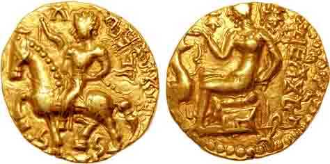 Gupta, Kumara Gupta, Gold Dinar, 8.13g, “Horseman” type, Obv: King riding caparisoned hors