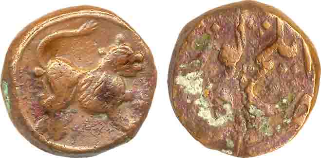 Namdar Khan, Copper Double Paisa, 15.42g, Obv: Tiger facing right, Rev: Mint name (KM # C1