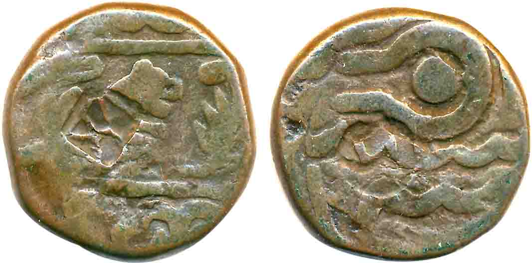 Copper Kachcha Paisa, 13.23g, Mehdipur Mint, Obv: Iion front of leap, counter mark on lion