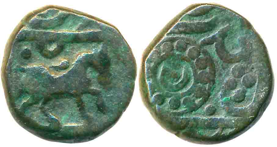Copper Kachcha Paisa, 10.73g, “Ra’ej” series, Obv: sacrificial horse facing to right, Rev: