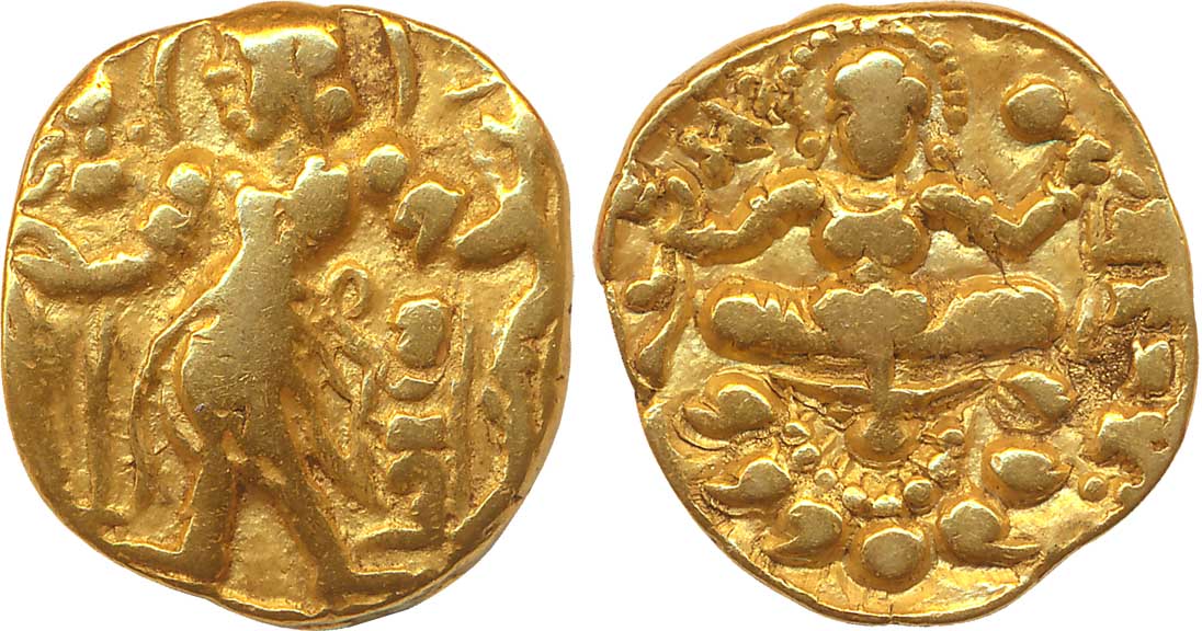 Gupta, Chandra Gupta II, Gold Dinar, 7.63g, ‘Archer’ type, Obv: Nimbate king, standing wea
