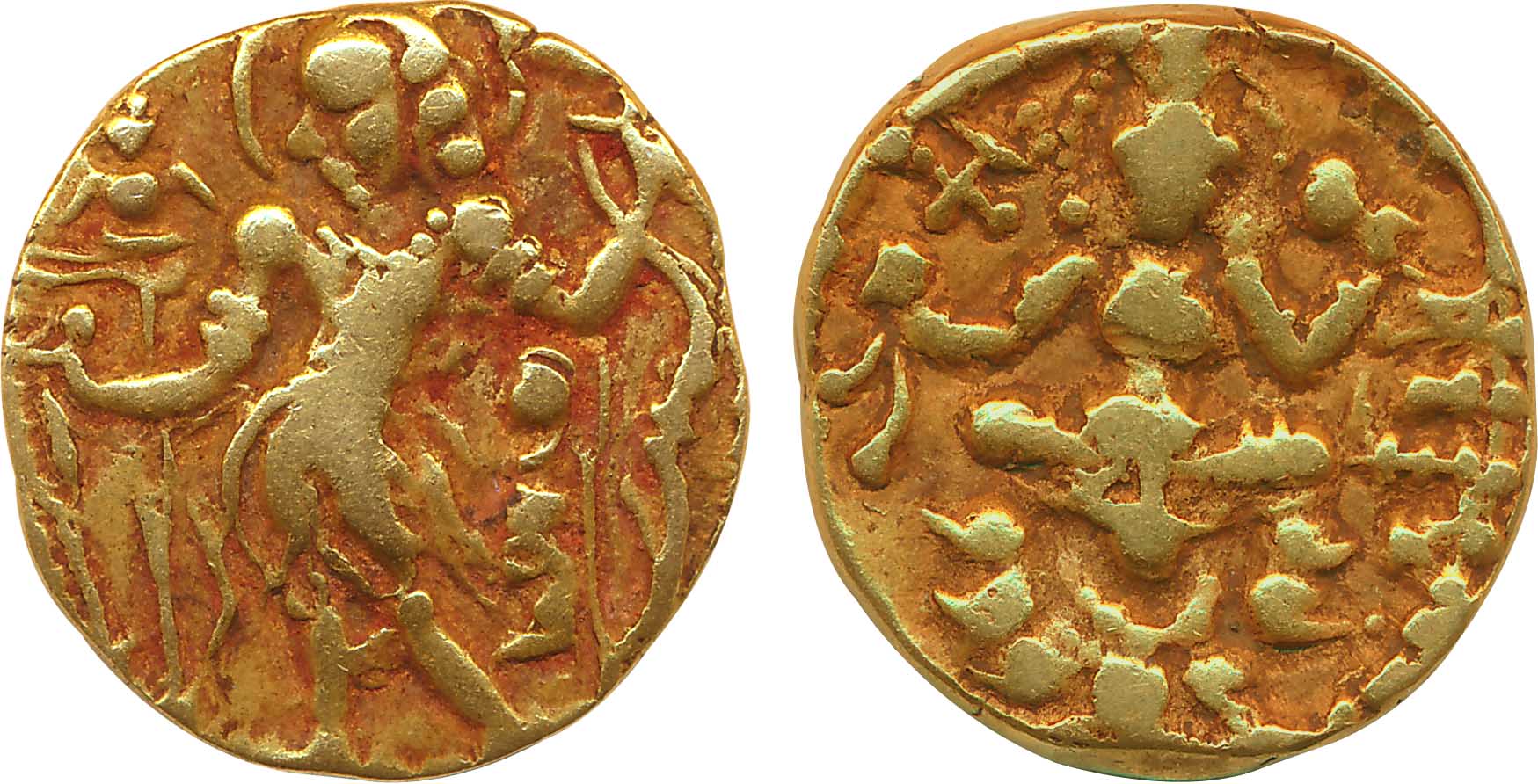 Gupta , Chandra Gupta II Gold Dinar 7.69g,‘Archer’ type Obv: Nimbate king standing holding