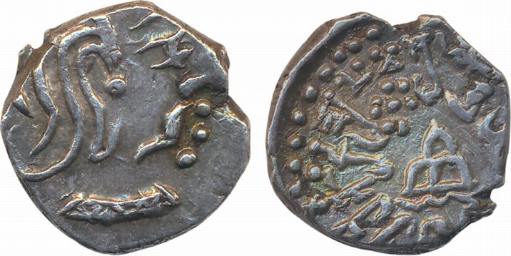 Traikutakas, Dharasena son of Indraddatta,Silver Dracham 2.01g Obv: Potrate to right, Rev: