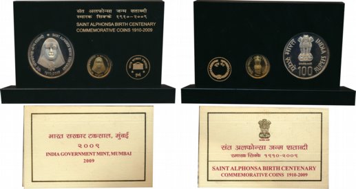 2009, VVIP Proof Set, “Saint Alphonsa Birth Centenary (1910-2009)”, Rupees 100 & 5, with m