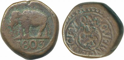 Ceylon, George III, Copper, 1/48th Rixdollar, 8.96g, 1803, Obv: Elephant walking right fac