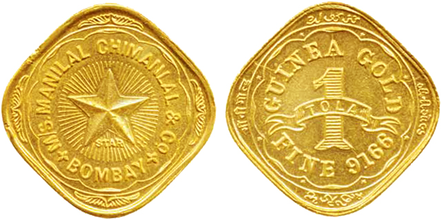 Gold Square 1 Tola Token 11.66g, Manilal Chimanlal & Co., Bombay, 91.66 Fine as Guinea gol