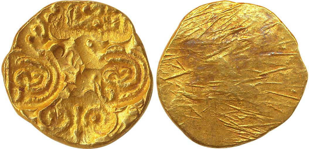Nellore Chodas, Bhujabala, Gold punchmarked Pagoda, 3.36g, Lion in centre, front right paw