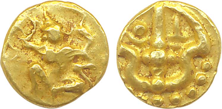 Feudatories of chalukys of kalyani/Shilaharas, Gold Double Fanam, 0.78g, Obv: Garuda seate