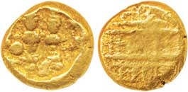Vijaynagara, Devaraya I, Gold Varaha, 3.40 g, Obv: Shiva Parvati seated, Rev: Devnagari Le
