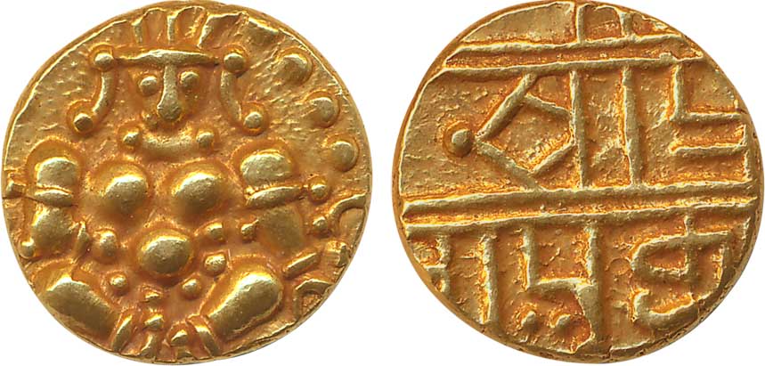 Chitradurga Nayakas, Gold Durgi Varaha, 3.31g, Obv. Krishna as Bal Gopal, Rev: Devnagari l