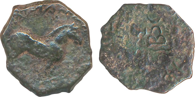 Western Kshatrapas, Chastana, Copper, 2.26g, Obv: Horse standing right above traces of Gre