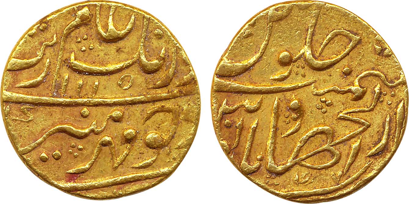 Aurangzeb, Gold Mohur, 10.97g, Dar-ul-Jihad Hyderabad Mint, AH 1115/ RY 47 (KM# 315.20). V