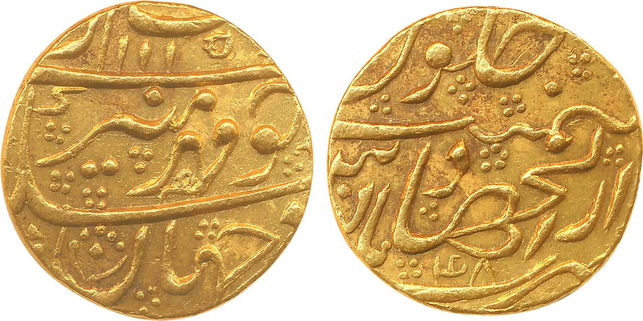 Aurangzeb, Gold Mohur, 11.01g, Dar-ul-Jihad Hyderabad Mint, AH 1115/ RY 47 (KM# 315.20). V