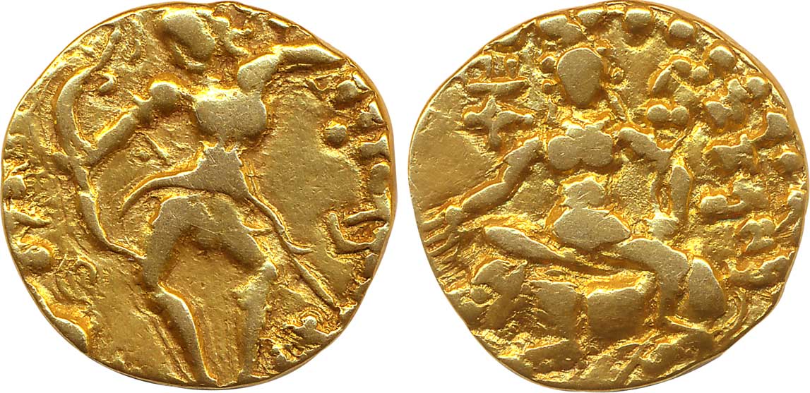 Guptas, Kumara Gupta, Gold Dinar, 7.72g, “Lion Slayer-Combatant” type, Obv: King Standing 