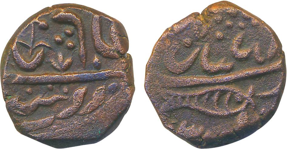 Copper Paisa, 8.53g, “Fish” type Braj region, in the name of Shah Alam II, Balsana Mint. V