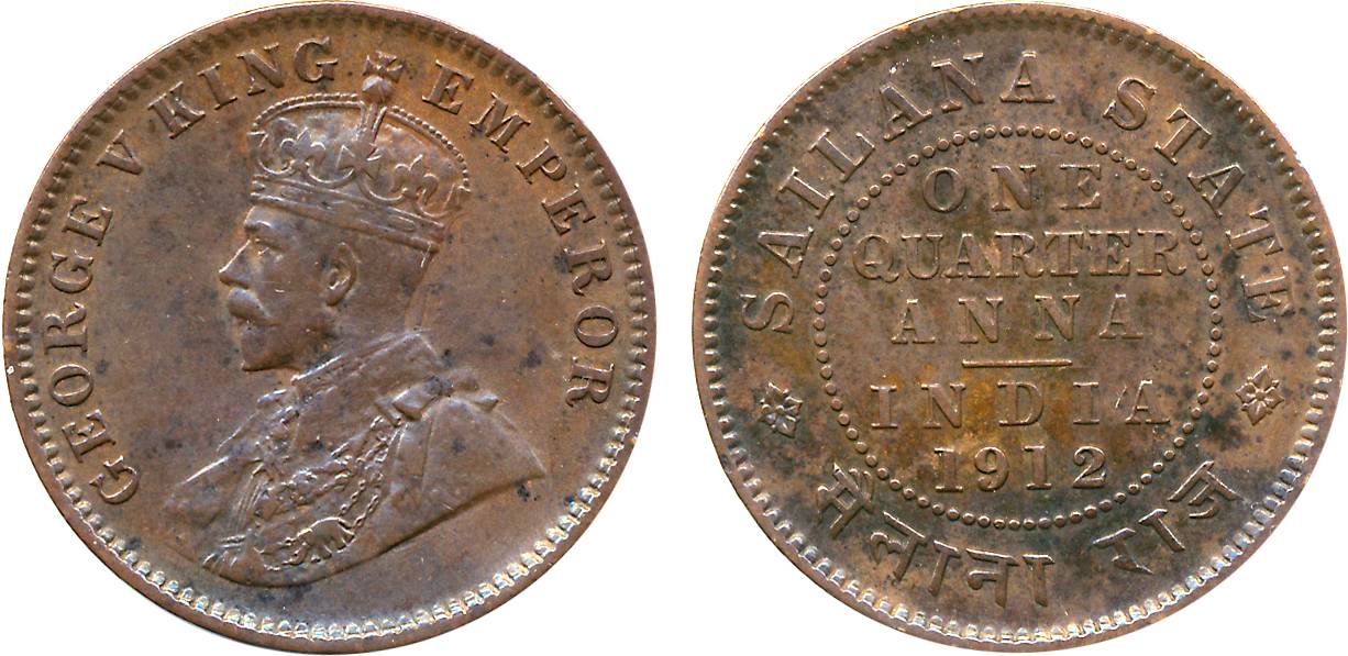 Jaswant Singh, Copper, ¼ Anna, 1912, Obv: Crown bust of King to left, Rev: Value and date 