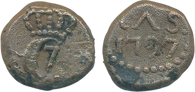 Christian VII, Copper 4 Cash, 2.50g, 1797, Obv: Crowned C7, Rev: Value & date (KM# 157). V
