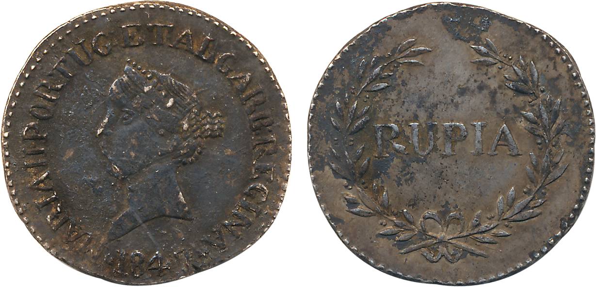 Goa, Maria II, Silver Rupee, 10.99g, 1847, Obv: Head to left, Rev: Value within sprays (KM