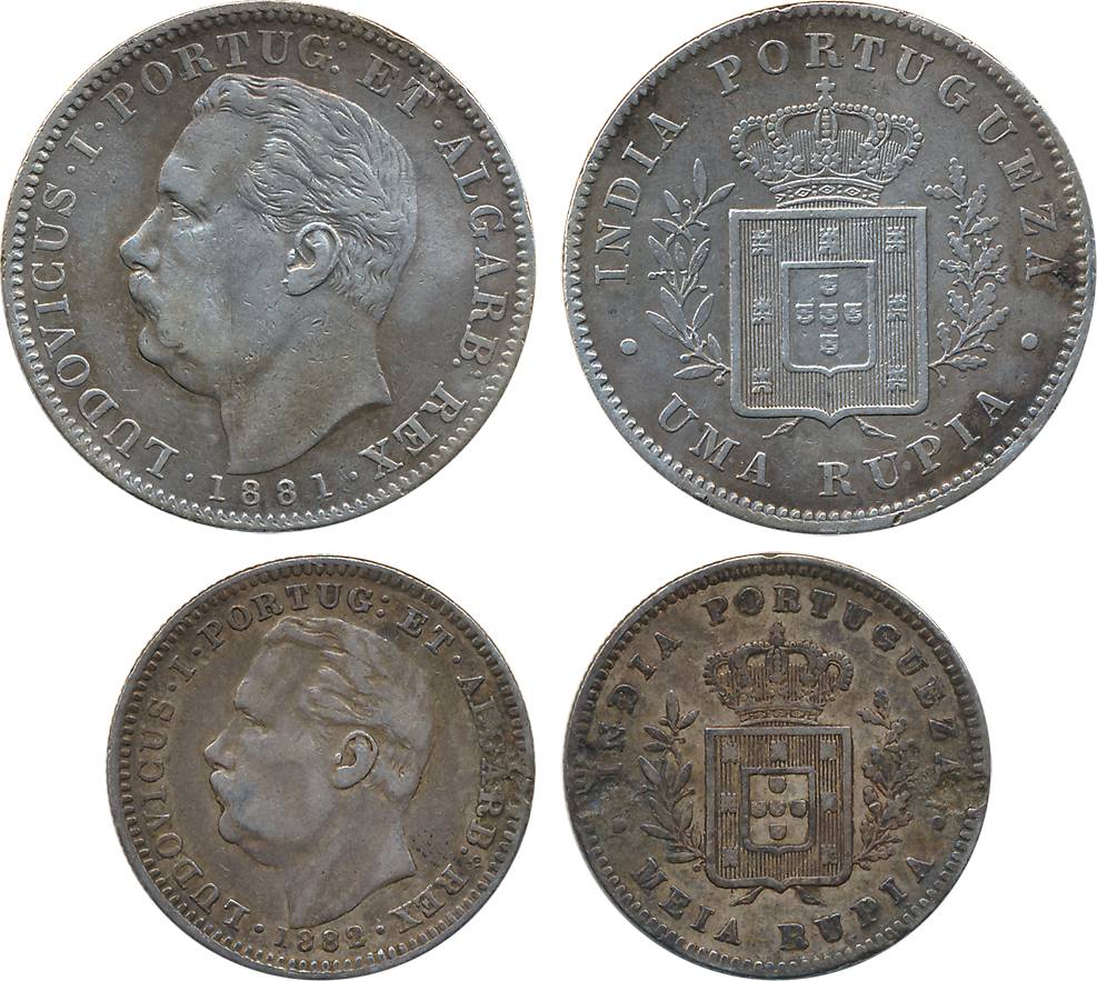Luiz I, Silver (2), Rupee, 1881 (KM# 312) & ½ Rupee, 1882 (KM# 311). Very fine. 2 coins.