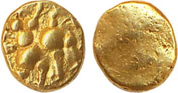 Kadambas of Goa, Gold Fanam, 0.13g, Lion to left facing front on obv. Very fine, rare.