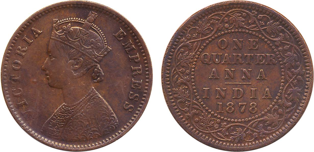 Victoria Empress, Copper ¼ Anna, 1878, Calcutta Mint (Prid# 612). Extremely fine, rare.