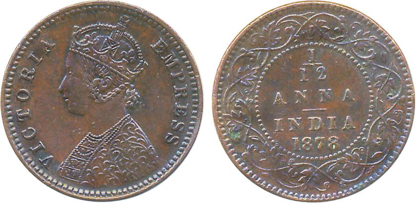 Victoria Empress, Copper 1/12 Anna, 1878, Calcutta Mint. Extremely fine+, rare.