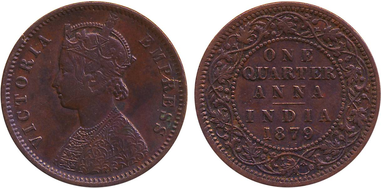 Victoria Empress, Copper ¼ Anna, 1879, Calcutta Mint (Prid# 613). Extremely fine, rare.