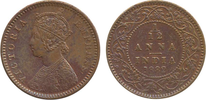 Victoria Empress, Copper 1/12 Anna, 1882, Calcutta Mint. Extremely fine, scarce