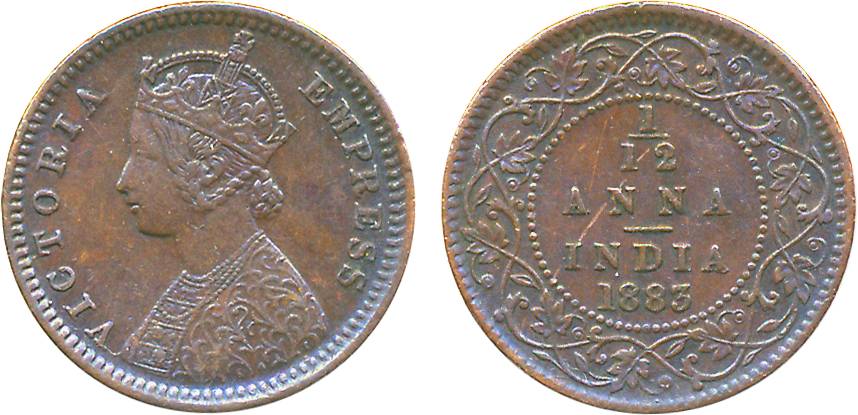 Victoria Empress, Copper 1/12 Anna, 1883, Calcutta Mint. Very fine, scarce.