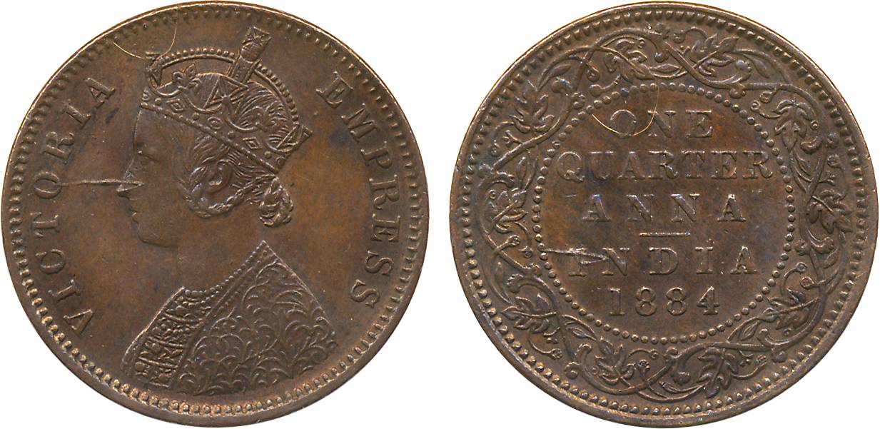 Victoria Empress, Copper ¼ Anna, 1884, Bombay Mint (Prid# 640). Extremely fine, scarce.