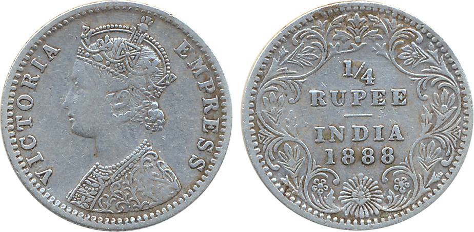 Victoria Empress, Silver ¼ Rupee, 1888, Bombay Mint, B raised (Prid# 421). Very fine, scar