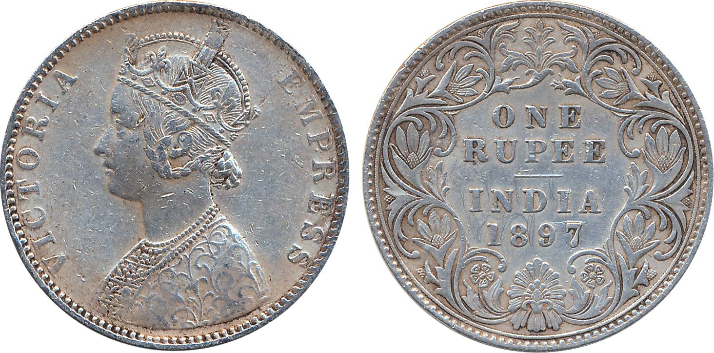 Victoria Empress, Silver Rupee, 1897, B incused (Prid# 183). Very fine, rare.