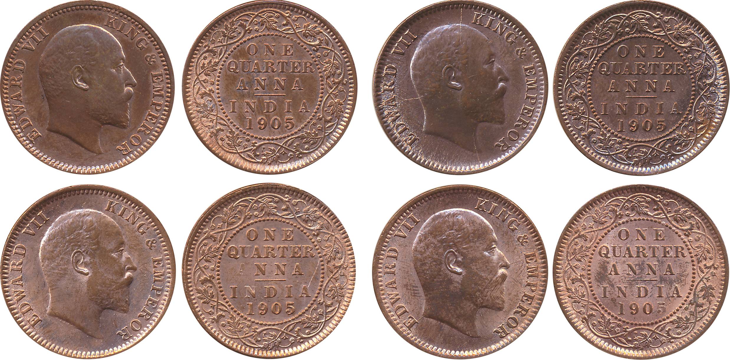 Edward VII, Copper ¼ Anna (4), 1905 (Prid# 649). About uncirculated, rare in this grade. 4