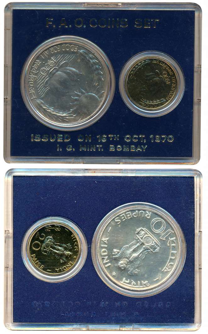 1970, Uncirculated Set, “Food For All”, Bombay Mint, Rupees 10 & 20 Paise, in acrylic case