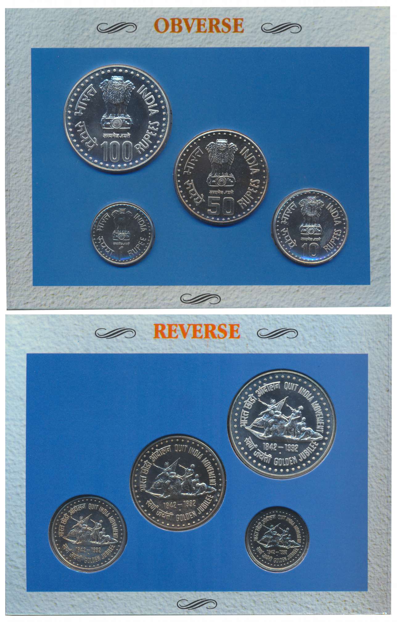 1992, Uncirculated Set, “Golden Jubilee Quit India Movement”, Bombay Mint, Rupees 100, 50,
