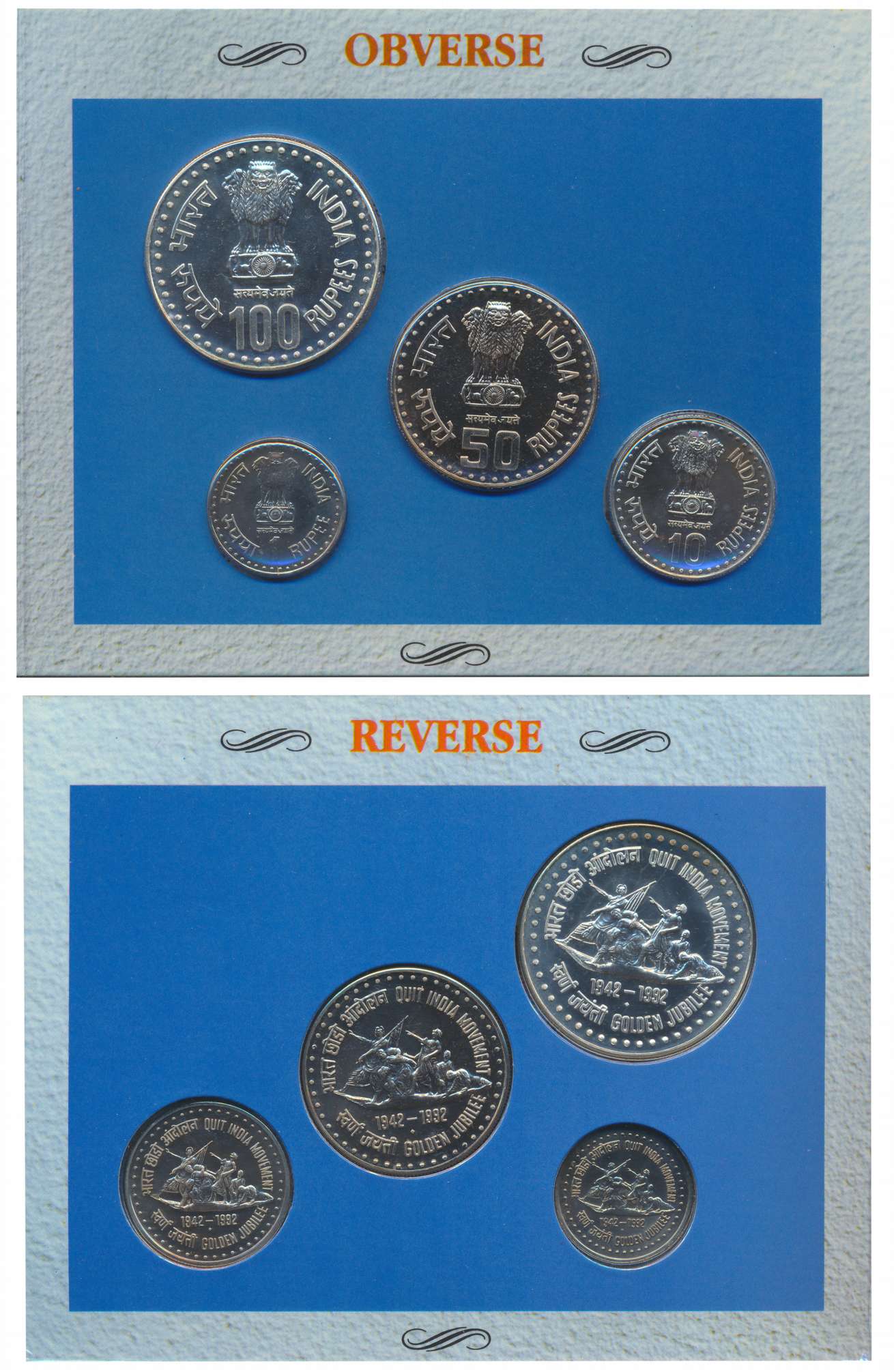1992, Uncirculated Set, “Golden Jubilee Quit India Movement”, Bombay Mint, Rupees 100, 50,