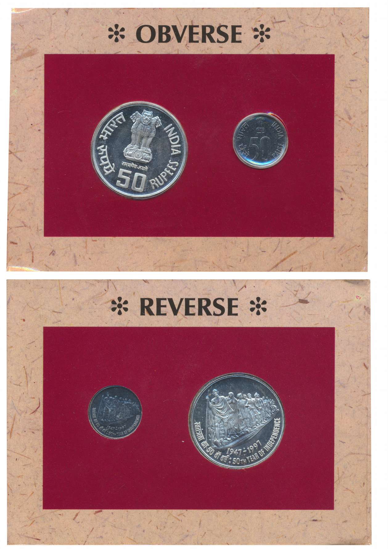1997, Proof set, “50th Years of Independence”, Mumbai Mint, Rupees 50 & Paise 50 in bliste