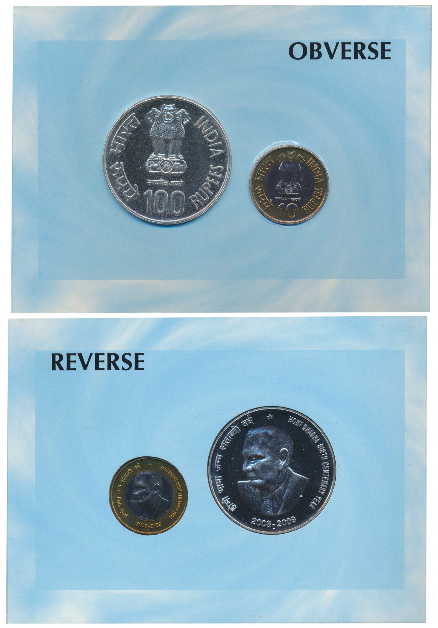 2009, Uncirculated set, “Homi Bhabha Birth Centenary Year”, Mumbai Mint, Rupees 100 & 10, 