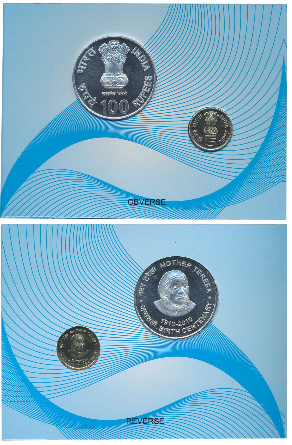 2010, Uncirculated set, “Birth Centenary of Mother Teresa”, Rupees 100 & 5. in blister pac