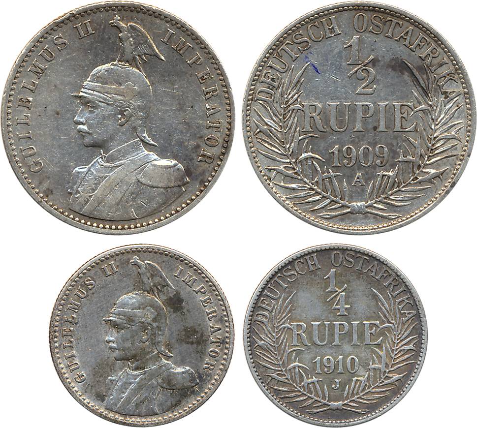German East Africa, Wihelm II, Silver (2), ½ Rupee, 1909A (KM# 9) & ¼ Rupee, 1910 (KM# 8),