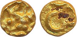 Shilaharas of Karahad- Wai, Gold Fanam, 0.13g, Obv: Garuda holding snake running to right,