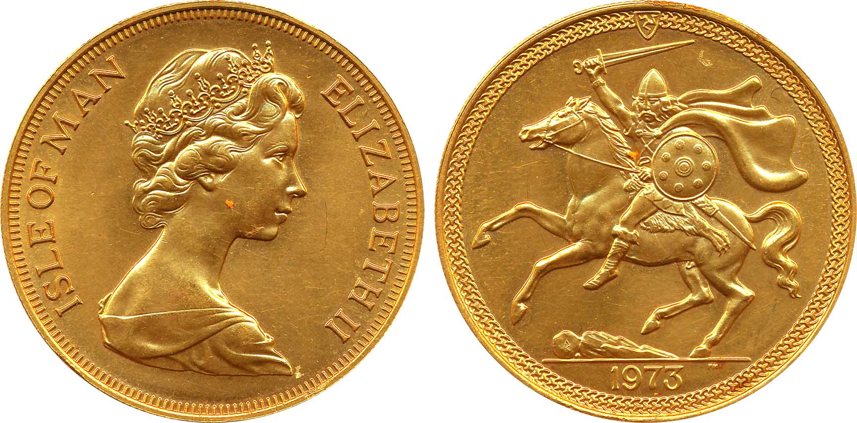 Isle of Man, Elizabeth II, Gold 5 Pounds, 40.53g, 1973, Obv: Young bust of Elizabeth to ri