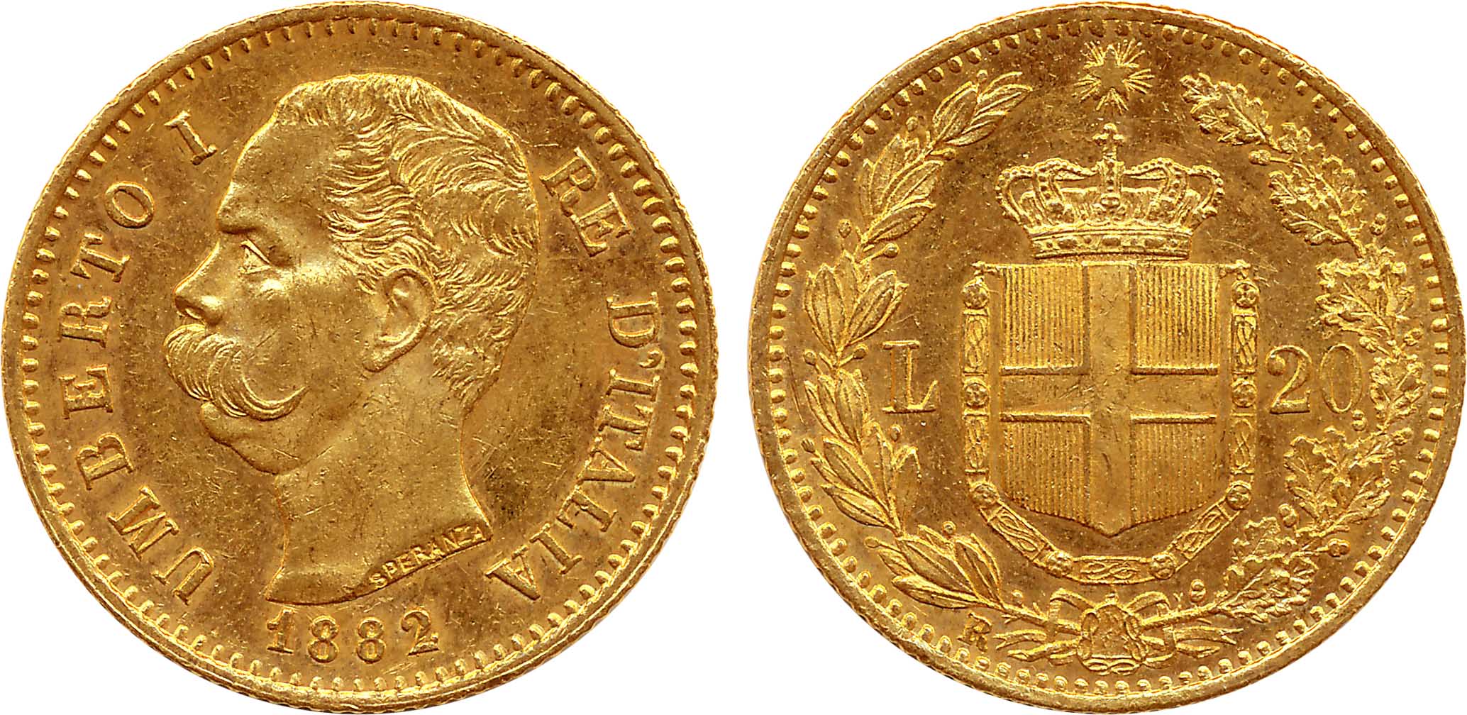 Italy, Umberpo I, Gold, 20 Iire, 6.45g, 1882, Obv: Head to left, Rev: Crowned shield withi