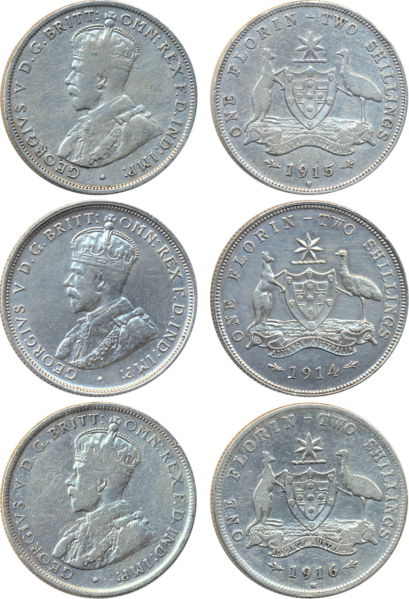 Australia, George V, Silver Florin (3), 1914, 1915H & 1916M, Obv: Crown bust to left, Rev: